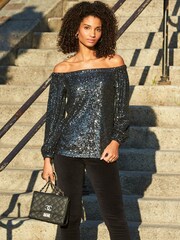 Sosandar Grey Petite Sequin Bardot Long Sleeve Top - Image 5 of 5