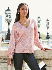 Sosandar Gold Petite Sequin V-Neck Blouson Sleeve Top - Image 1 of 5