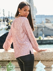 Sosandar Gold Petite Sequin V-Neck Blouson Sleeve Top - Image 2 of 5