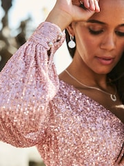 Sosandar Gold Petite Sequin V-Neck Blouson Sleeve Top - Image 5 of 5
