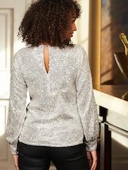 Sosandar Silver Petite Sequin V Neck Blouson Sleeve Top - Image 2 of 5
