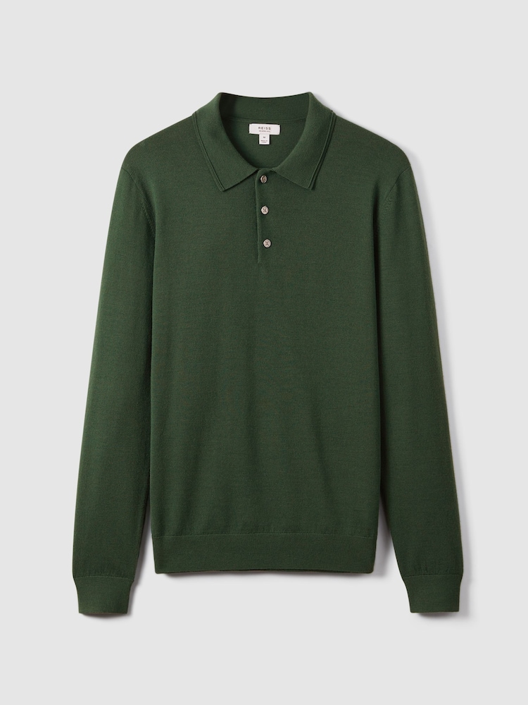 Reiss Hunting Green Trafford Merino Wool Polo Shirt - Image 4 of 6