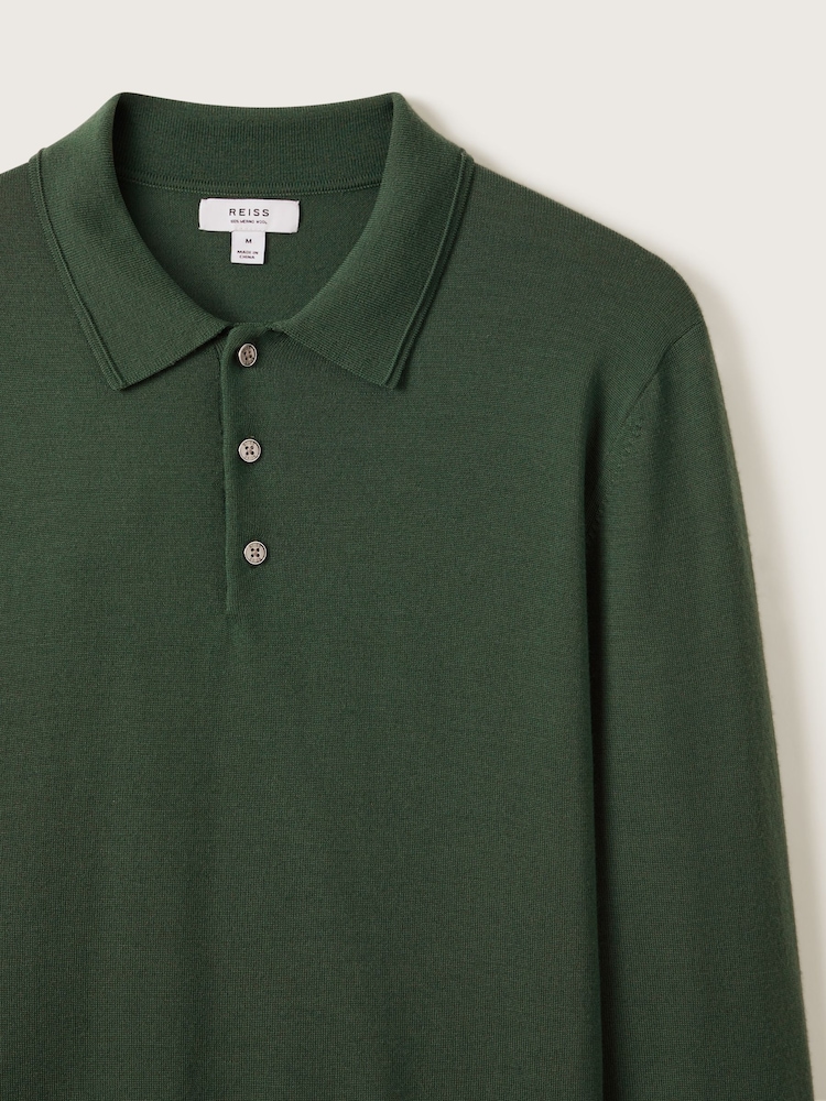 Reiss Hunting Green Trafford Merino Wool Polo Shirt - Image 5 of 6