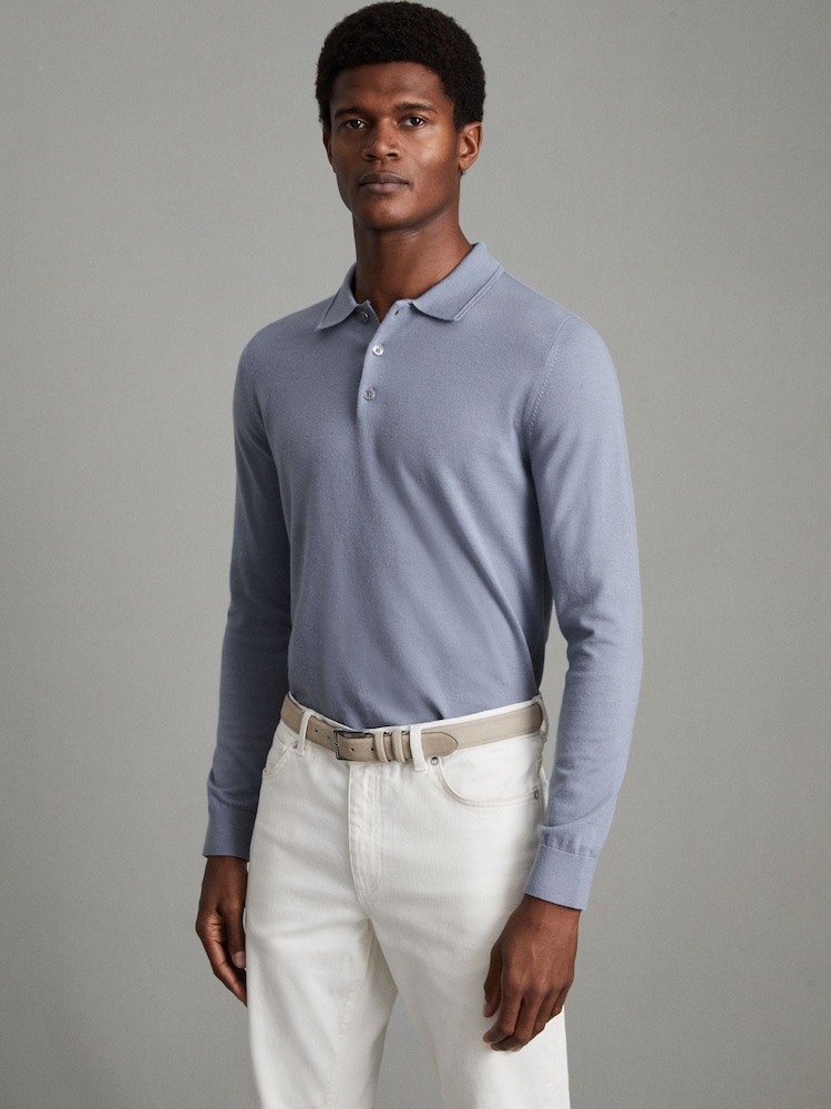 Reiss China Blue Trafford Merino Wool Polo Shirt - Image 1 of 6