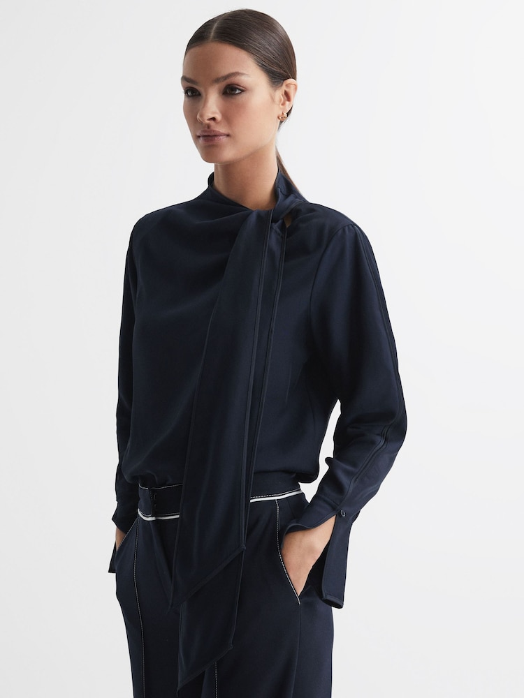Reiss Navy Hazel Tie Neck Blouse - Image 1 of 5