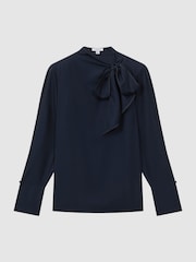 Reiss Navy Hazel Tie Neck Blouse - Image 2 of 5