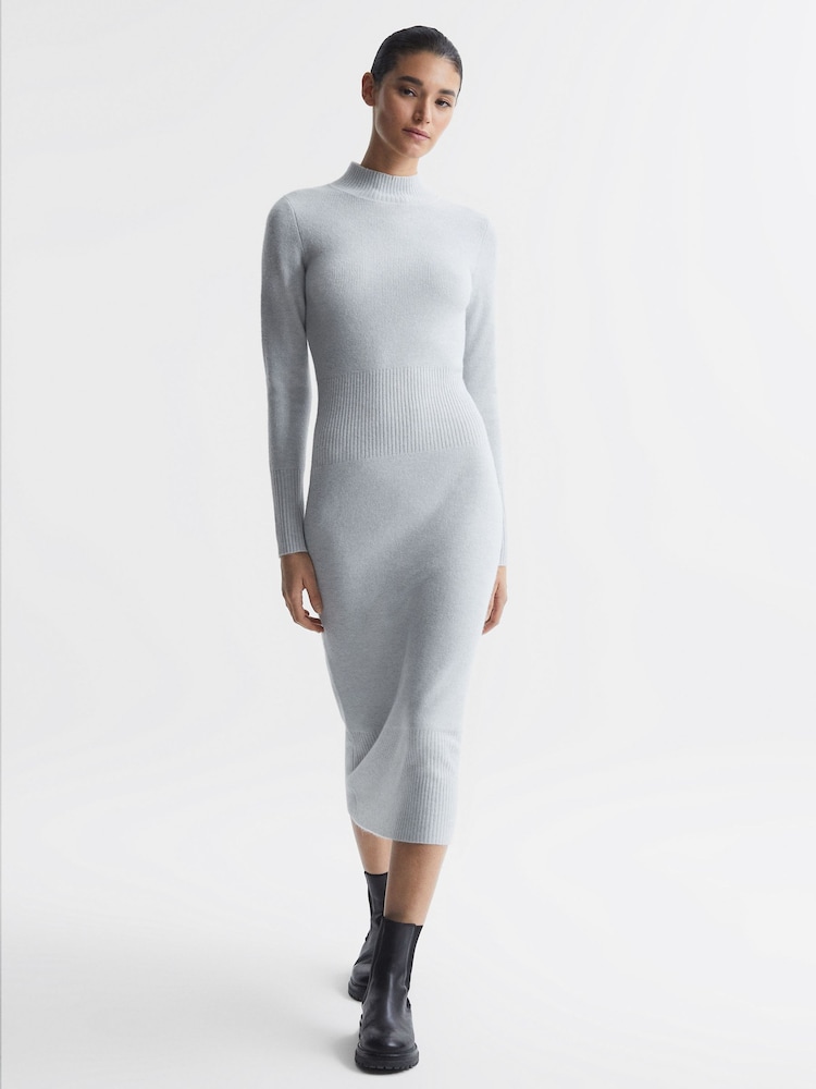 Reiss Grey Mara Knitted Bodycon Midi Dress - Image 1 of 6