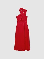 Reiss Red Vida Satin Halter Neck Fitted Midi Dress - Image 2 of 5