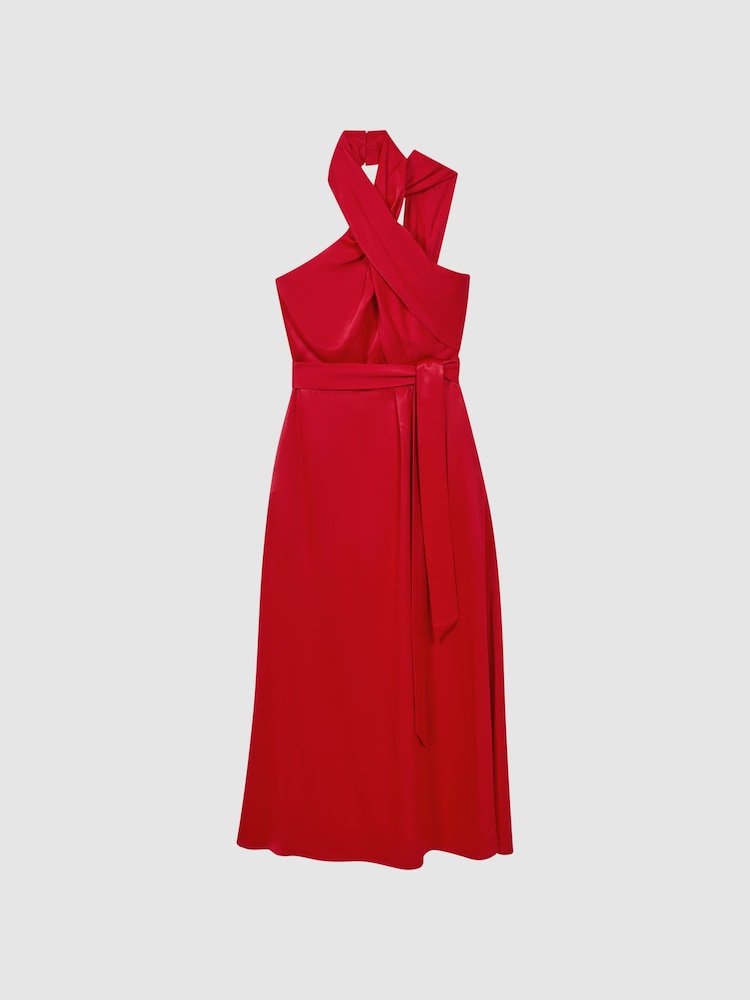 Reiss Red Vida Satin Halter Neck Fitted Midi Dress - Image 2 of 5