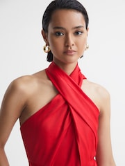 Reiss Red Vida Satin Halter Neck Fitted Midi Dress - Image 3 of 5