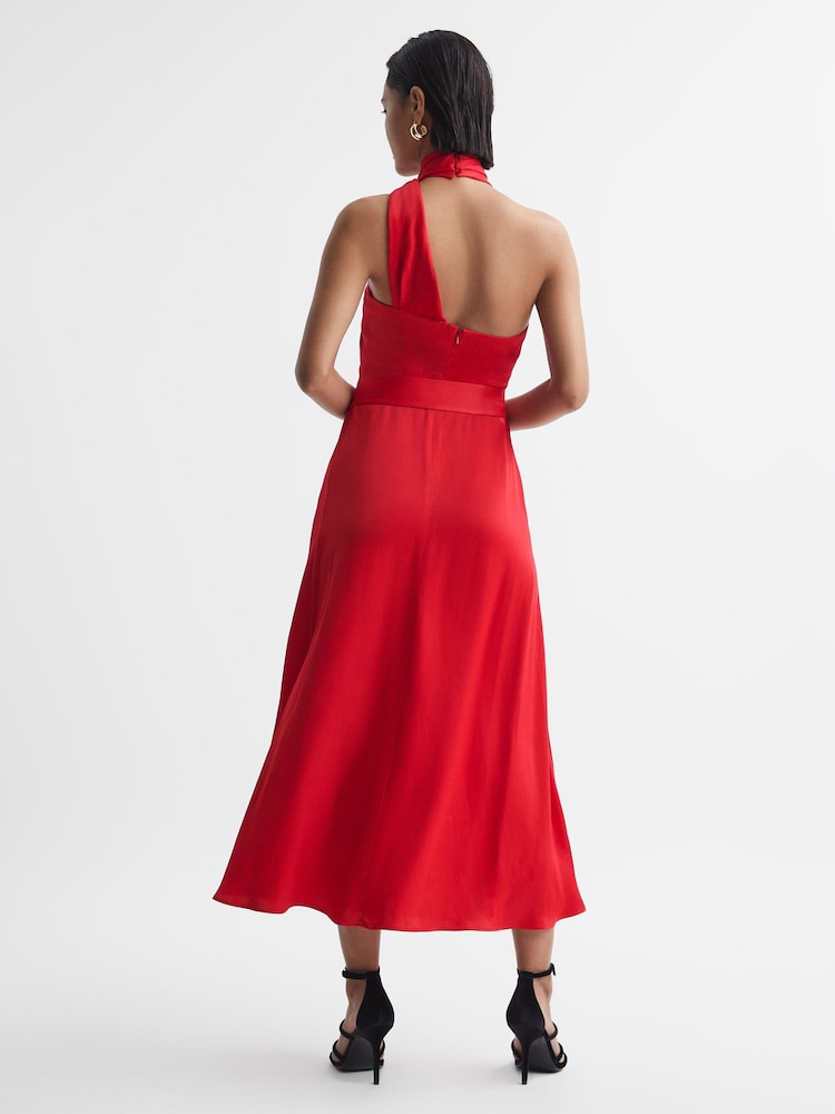 Reiss Red Vida Satin Halter Neck Fitted Midi Dress - Image 5 of 5