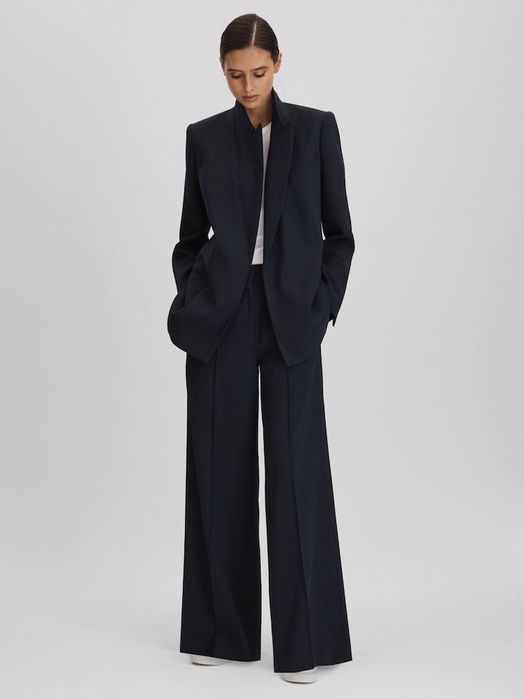 Reiss Navy Willow Petite Wool Blend Wide Leg Pinstripe Trousers - Image 1 of 6