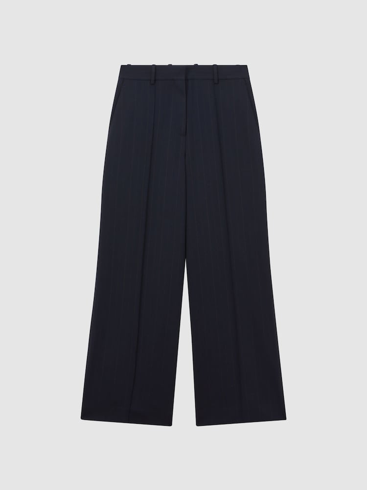 Reiss Navy Willow Petite Wool Blend Wide Leg Pinstripe Trousers - Image 2 of 6