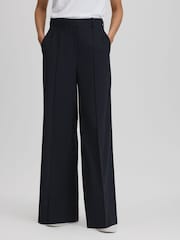Reiss Navy Willow Wool Blend Wide Leg Pinstripe Trousers - Image 1 of 5