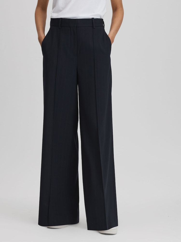 Reiss Navy Willow Wool Blend Wide Leg Pinstripe Trousers - Image 1 of 5