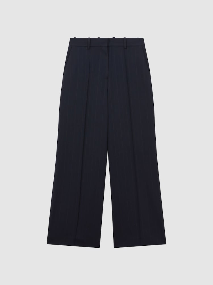 Reiss Navy Willow Wool Blend Wide Leg Pinstripe Trousers - Image 2 of 5