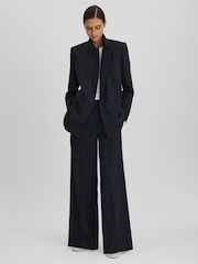 Reiss Navy Willow Wool Blend Wide Leg Pinstripe Trousers - Image 3 of 5