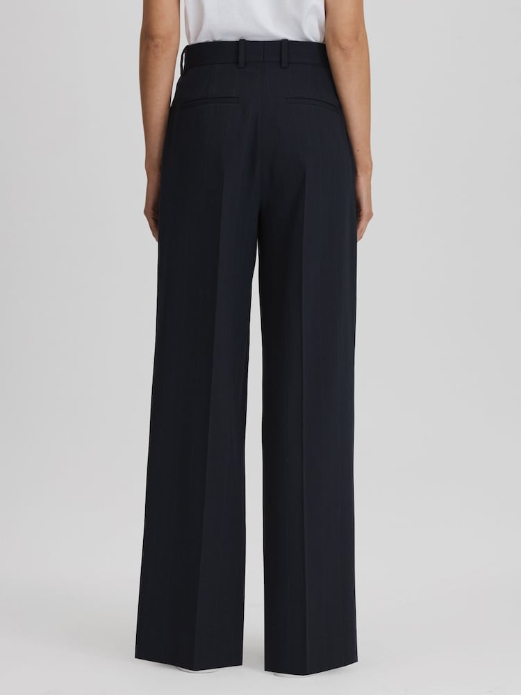 Reiss Navy Willow Wool Blend Wide Leg Pinstripe Trousers - Image 5 of 5