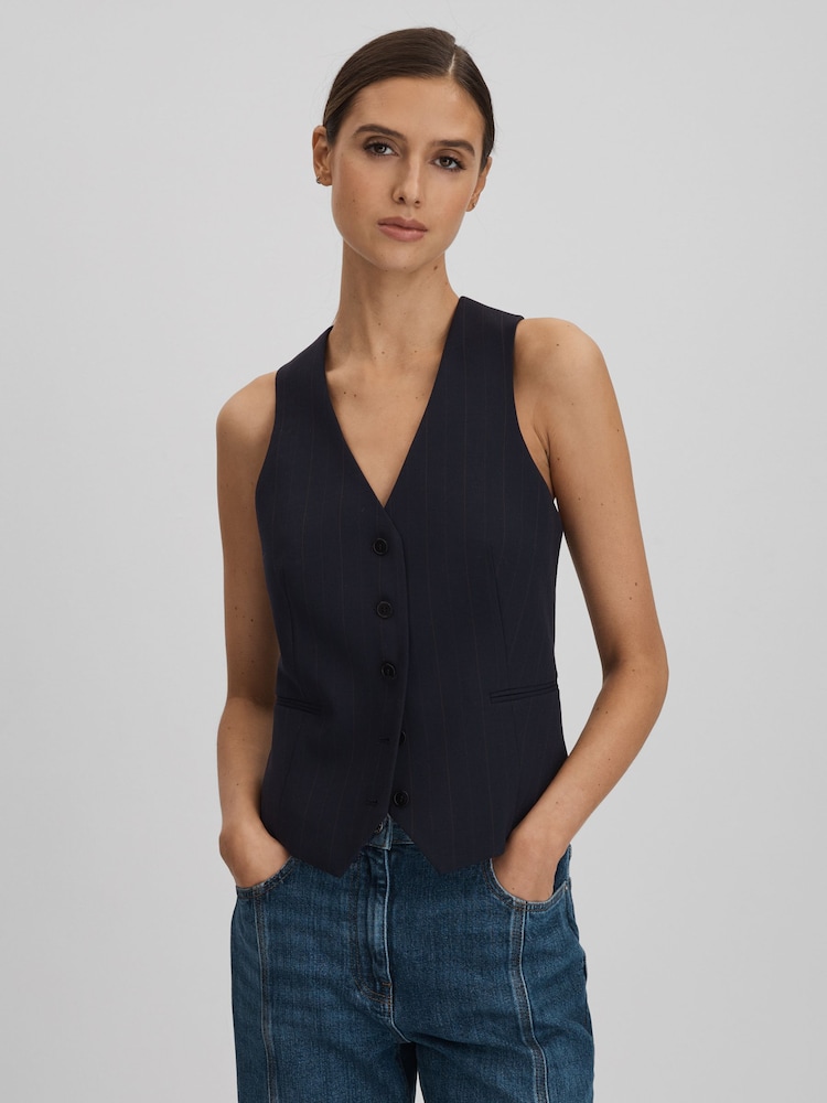 Reiss Navy Willow Wool Blend Pinstripe Waistcoat - Image 1 of 5