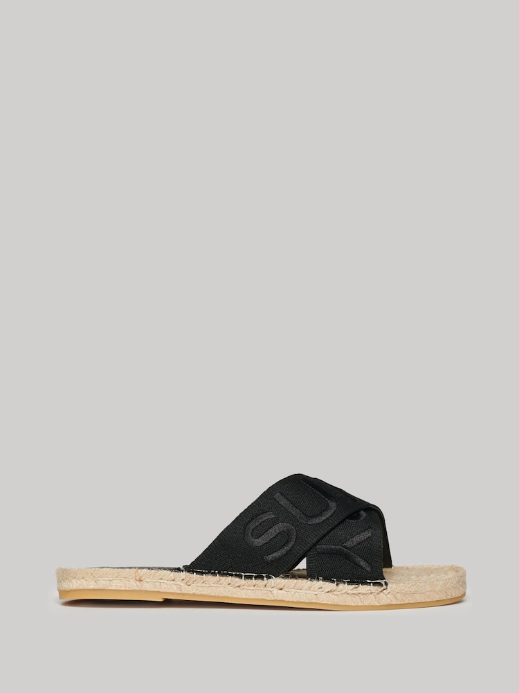 Superdry Black Espadrille Cross Strap Sliders - Image 1 of 6