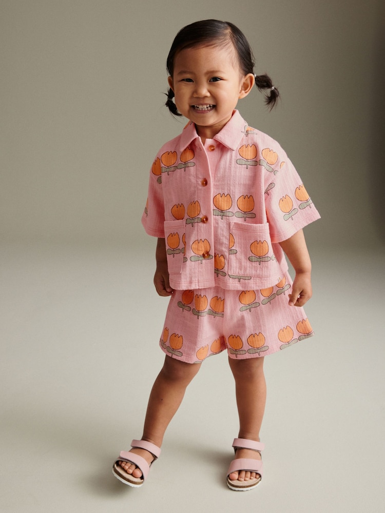 Pink Flower Short Sleeve Shirt and Shorts Set (3mths-7yrs) - Image 1 of 7 Pink Flower Short Sleeve Shirt and Shorts Set (3mths-7yrs) - Image 1 of 7