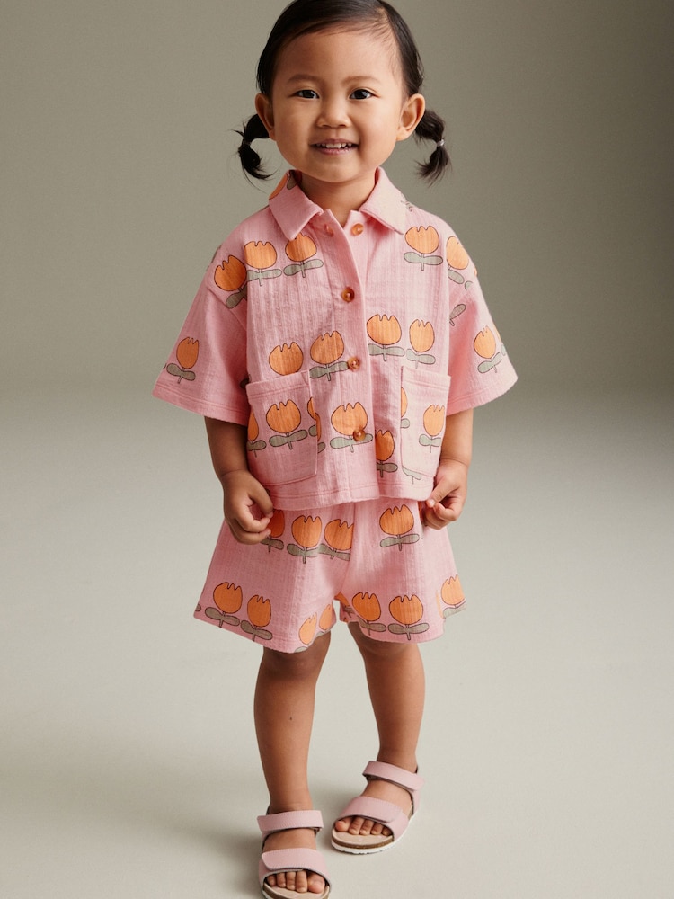 Pink Flower Short Sleeve Shirt and Shorts Set (3mths-7yrs) - Image 2 of 7