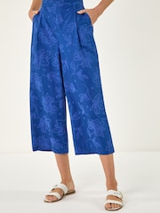 Roman Blue Textured Floral Cropped Wide Leg Trousers - Image 1 of 4