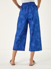 Roman Blue Textured Floral Cropped Wide Leg Trousers - Image 2 of 4