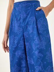 Roman Blue Textured Floral Cropped Wide Leg Trousers - Image 3 of 4