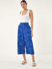 Roman Blue Textured Floral Cropped Wide Leg Trousers - Image 4 of 4