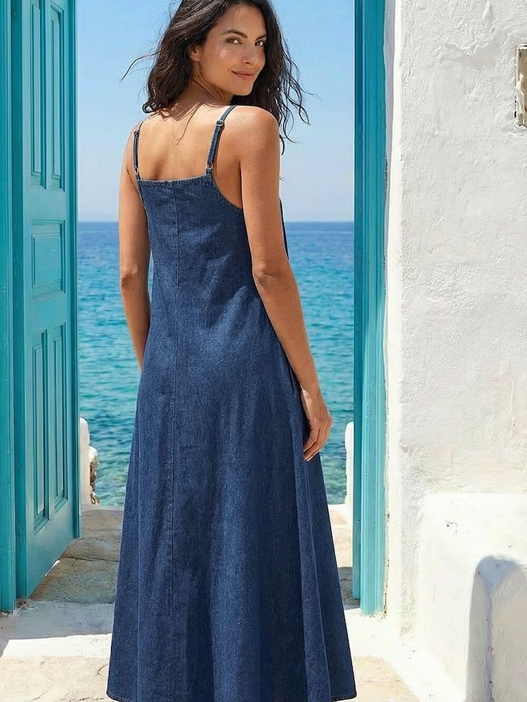 denim a line maxi dress Entertain Me Sleeveless A-Line Maxi Dress Denim Blue