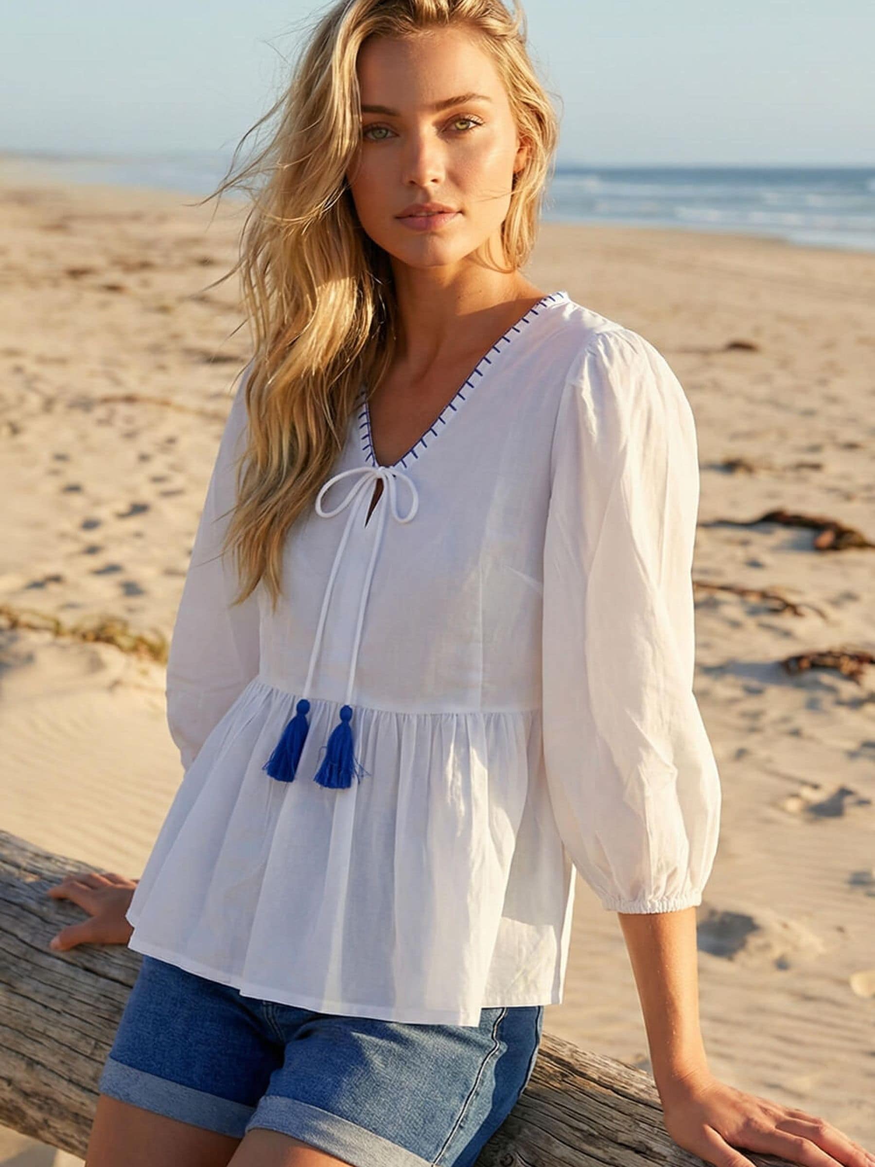 Roman Women's White Tassel Tie Front Blouse