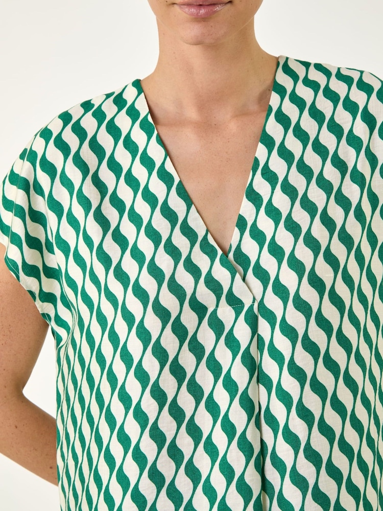 Roman Green Wave Stripe Print V-Neck Top - Image 4 of 4 Roman Green Wave Stripe Print V-Neck Top - Image 4 of 4