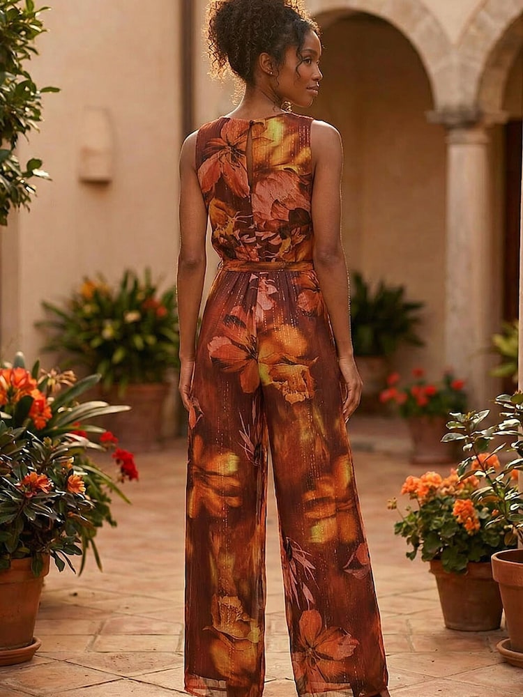 Roman Brown Print Pleated Jumpsuit - Image 2 of 5