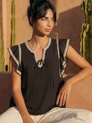 Roman Black Notch Neck Frill Blouse - Image 1 of 4