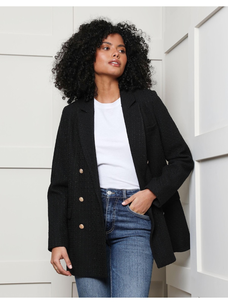 Threadbare Black Double Breasted Boucle Blazer - Image 1 of 4