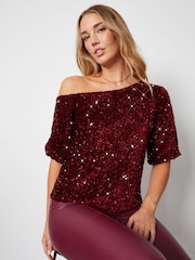 Threadbare Red Sequin Velour Drop Shoulder Top - Image 3 of 6