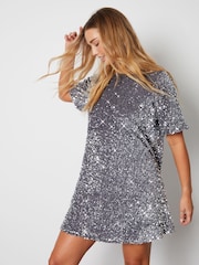 Threadbare Silver Sequin Velour Mini Party Dress - Image 2 of 6