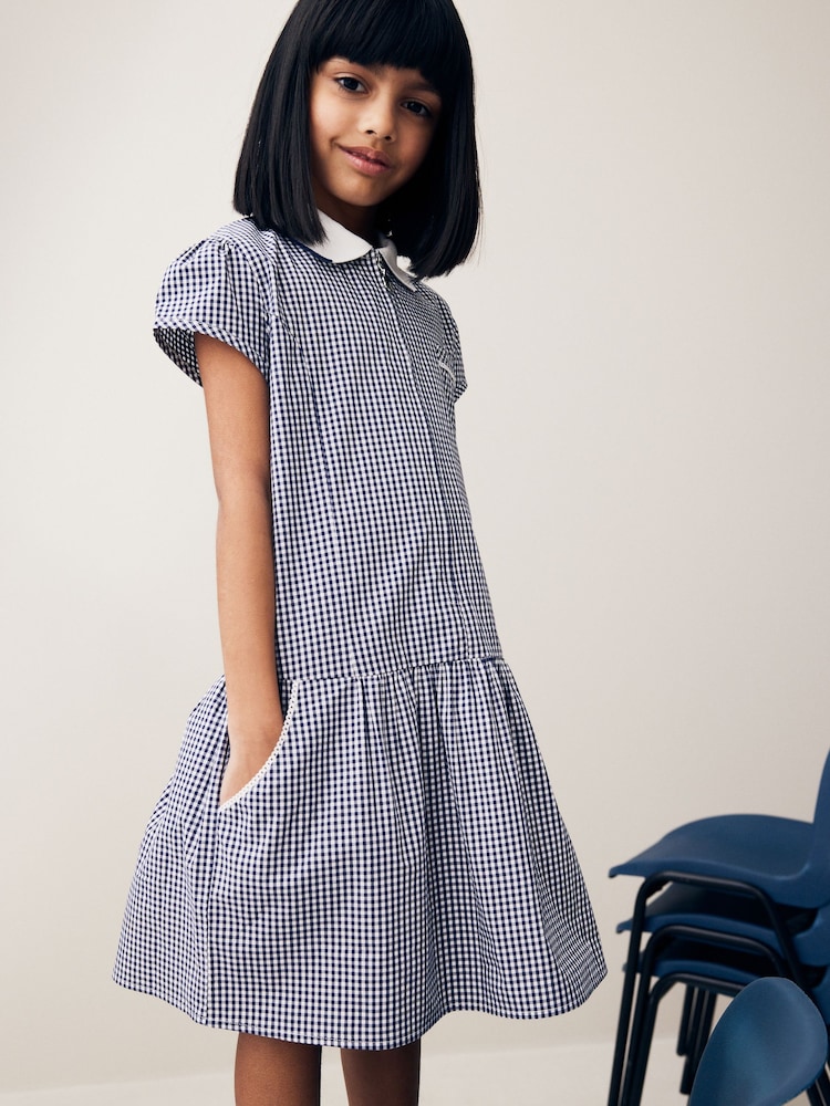 Navy Blue Cotton Rich School Gingham Zip Dress (3-14yrs) - Image 1 of 7