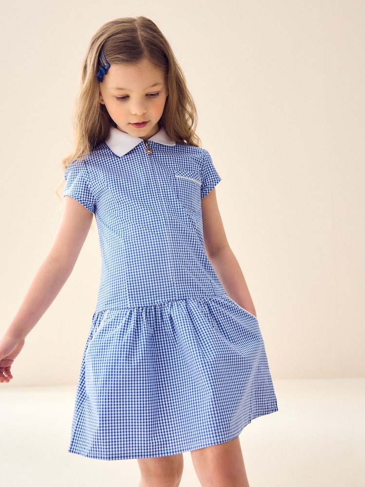 Azul medio - Vestido escolar de cuadros con cremallera en la parte delantera con alto contenido de algodón (3-14 años) - Imagen 1 de 10