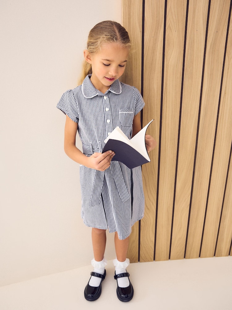Navy Blue Gingham Rich Belted School Dress With Scrunchie (3-14yrs) - Image 2 of 7
