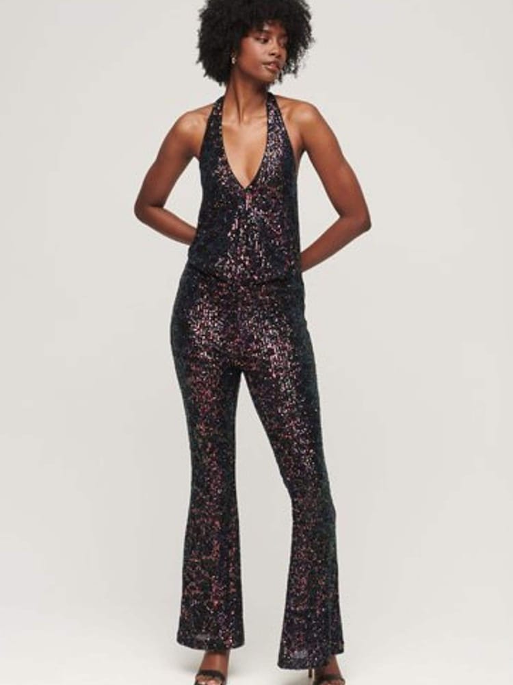 Superdry Silver Sequin Halter Jumpsuit - Image 1 of 1