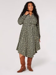 Apricot Green Animal Print Hanky Hem Midi Dress - Image 1 of 4