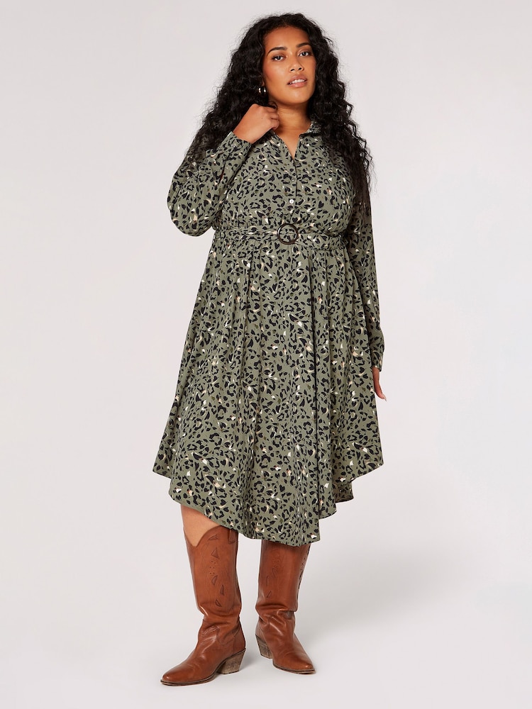 Apricot Green Animal Print Hanky Hem Midi Dress - Image 1 of 4