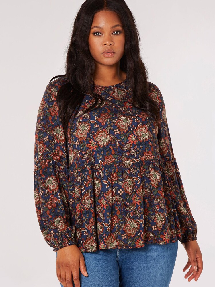 Apricot Blue Sarasa Ruffle Billow Sleeve Top - Image 1 of 4