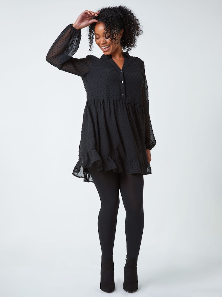 Roman Black Petite Textured Spot Shirt Dress - Image 1 of 5