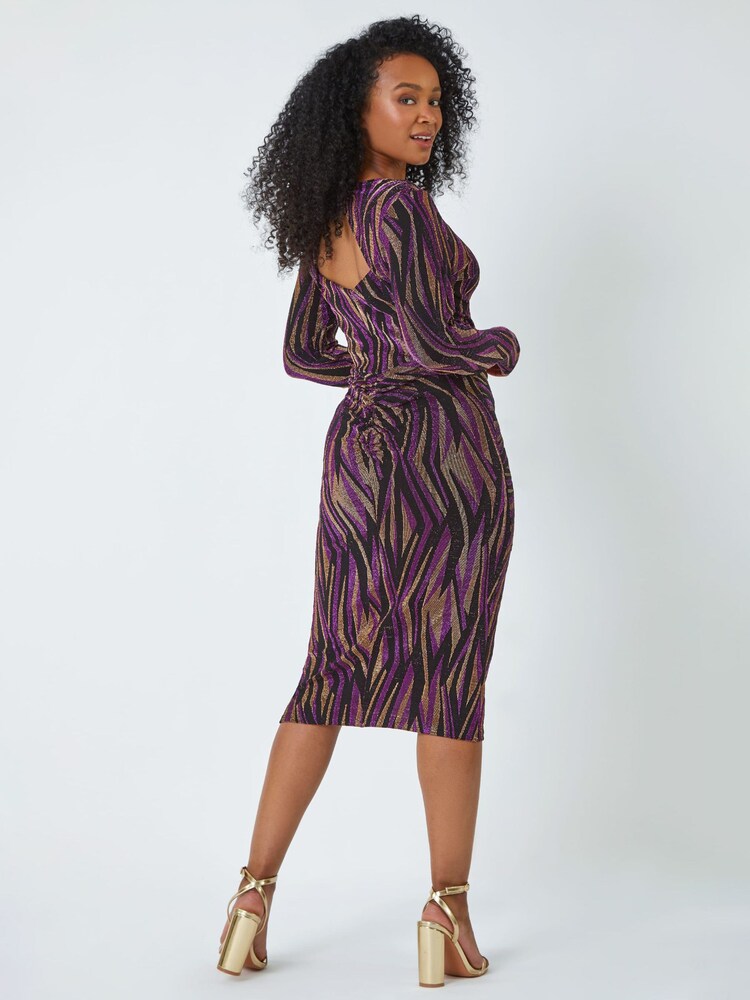 Roman Pink Petite Metallic Animal Ruched Dress - Image 2 of 5