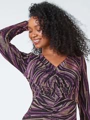 Roman Pink Petite Metallic Animal Ruched Dress - Image 4 of 5