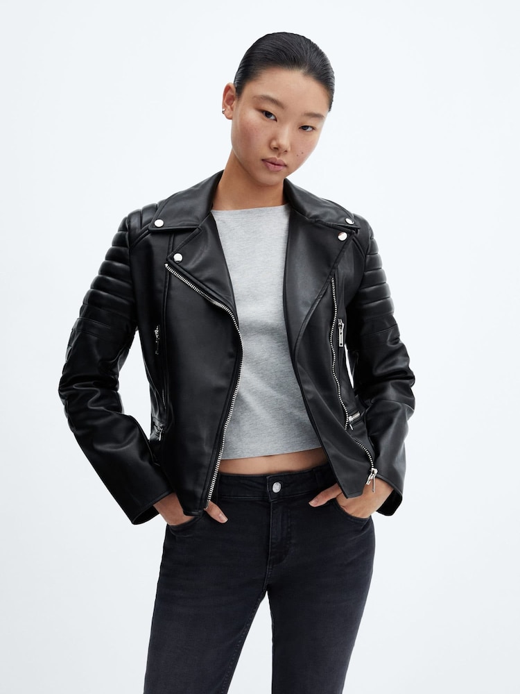 Mango Black Faux Leather Biker Jacket - Image 1 of 6 Mango Black Faux Leather Biker Jacket - Image 1 of 6