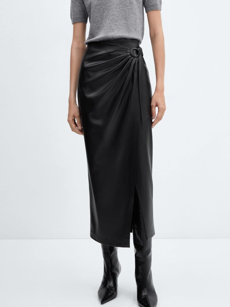 Mango Black Emilia Faux Leather Crossover Midi Skirt - Image 1 of 7